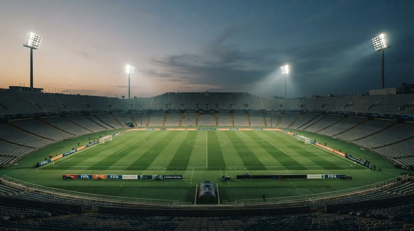 An empty football stadium with floodlight masts at dusk