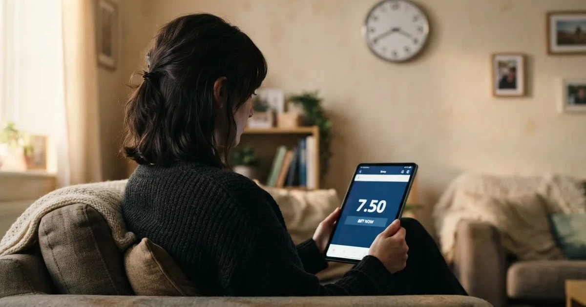 A person on a sofa looking thoughtfully at a tablet, a wall clock in the background
