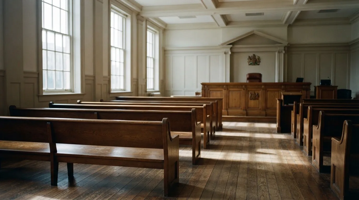 An empty courtroom with wooden benches in morning light