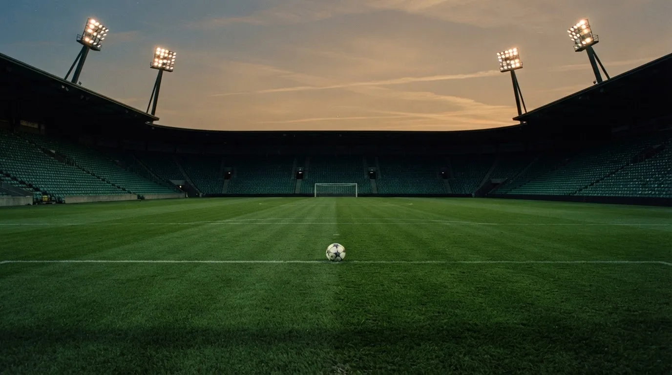 An empty football stadium with floodlight masts at dusk