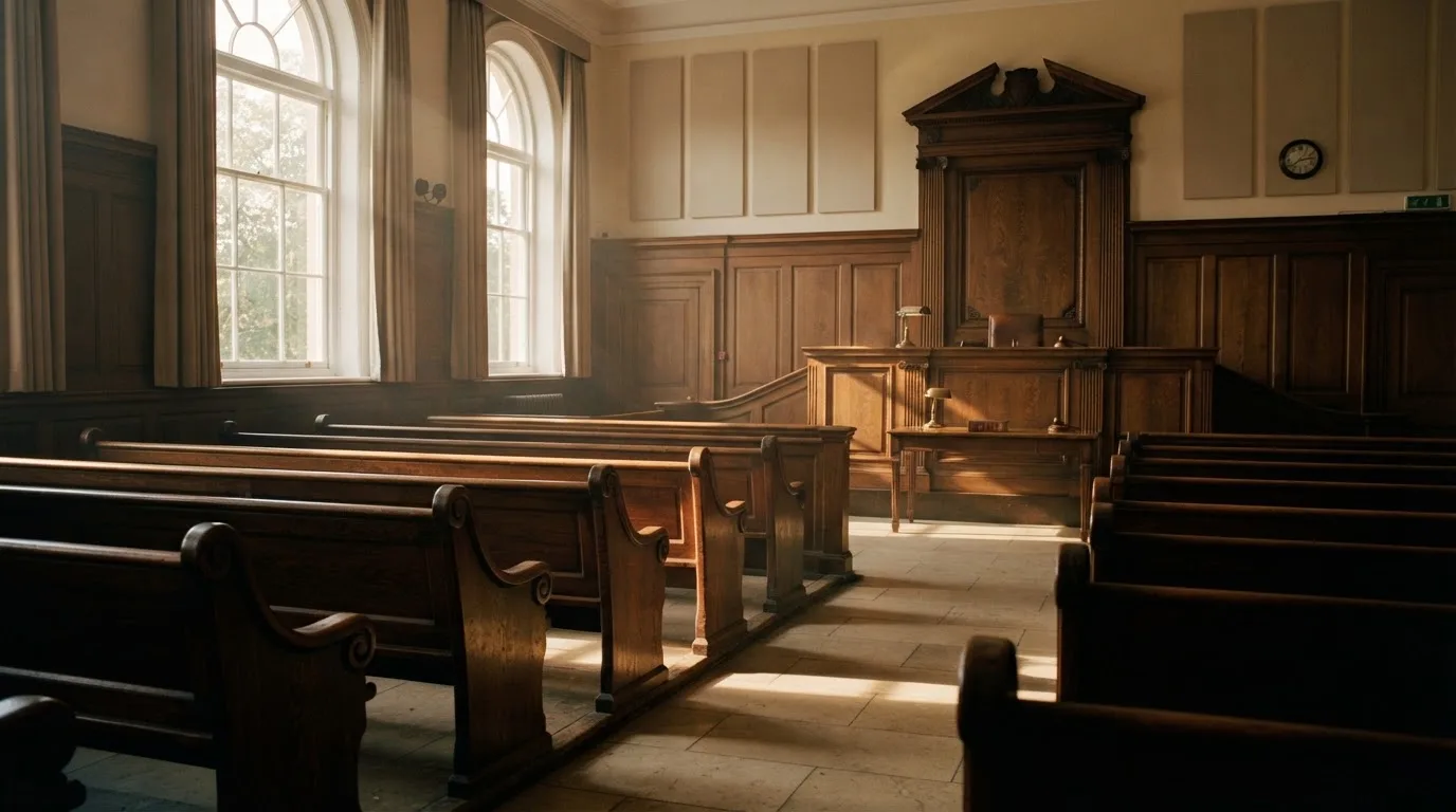 An empty courtroom with wooden benches in morning light