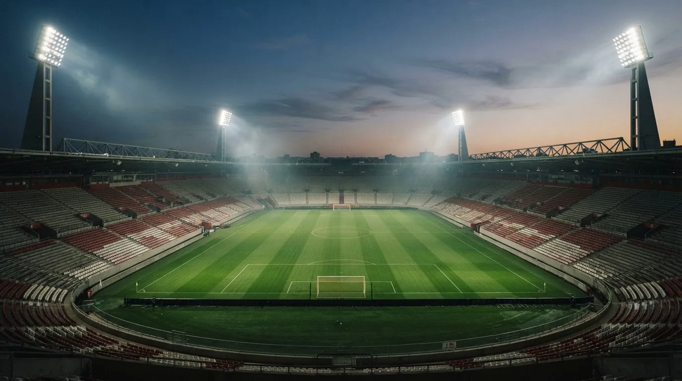 An empty football stadium with floodlight masts at dusk