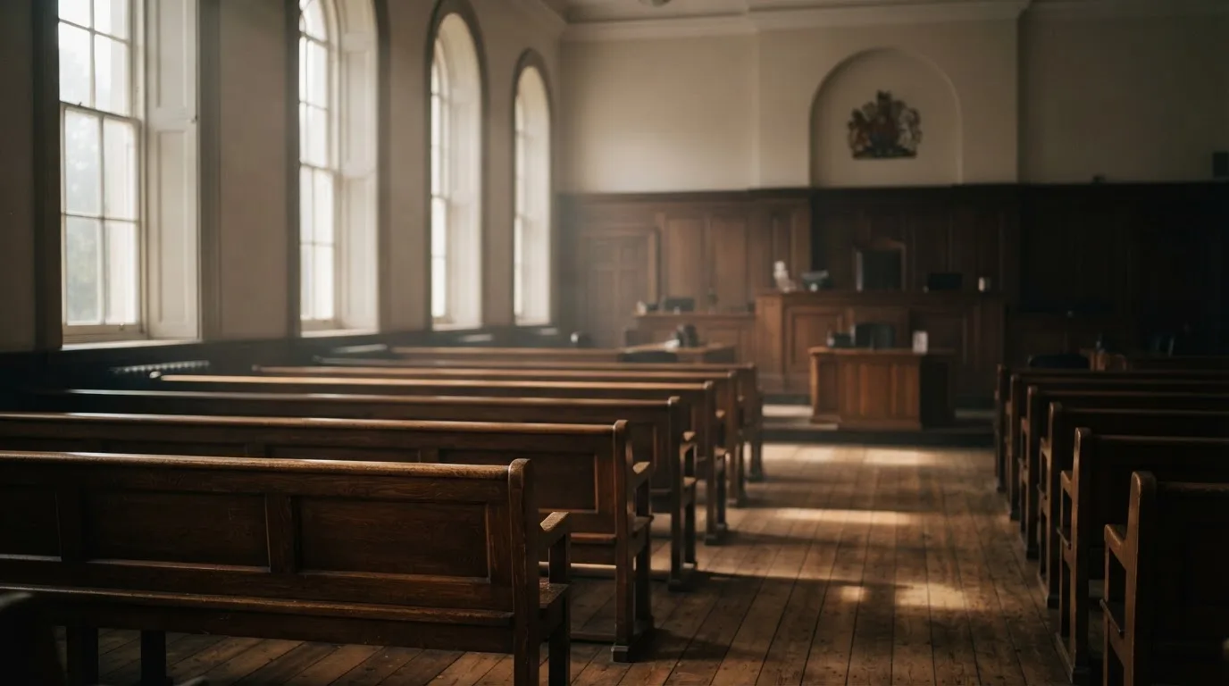An empty courtroom with wooden benches in morning light