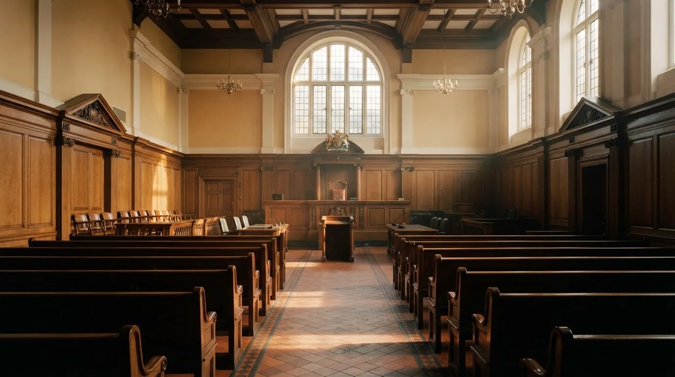 An empty courtroom with wooden benches in morning light