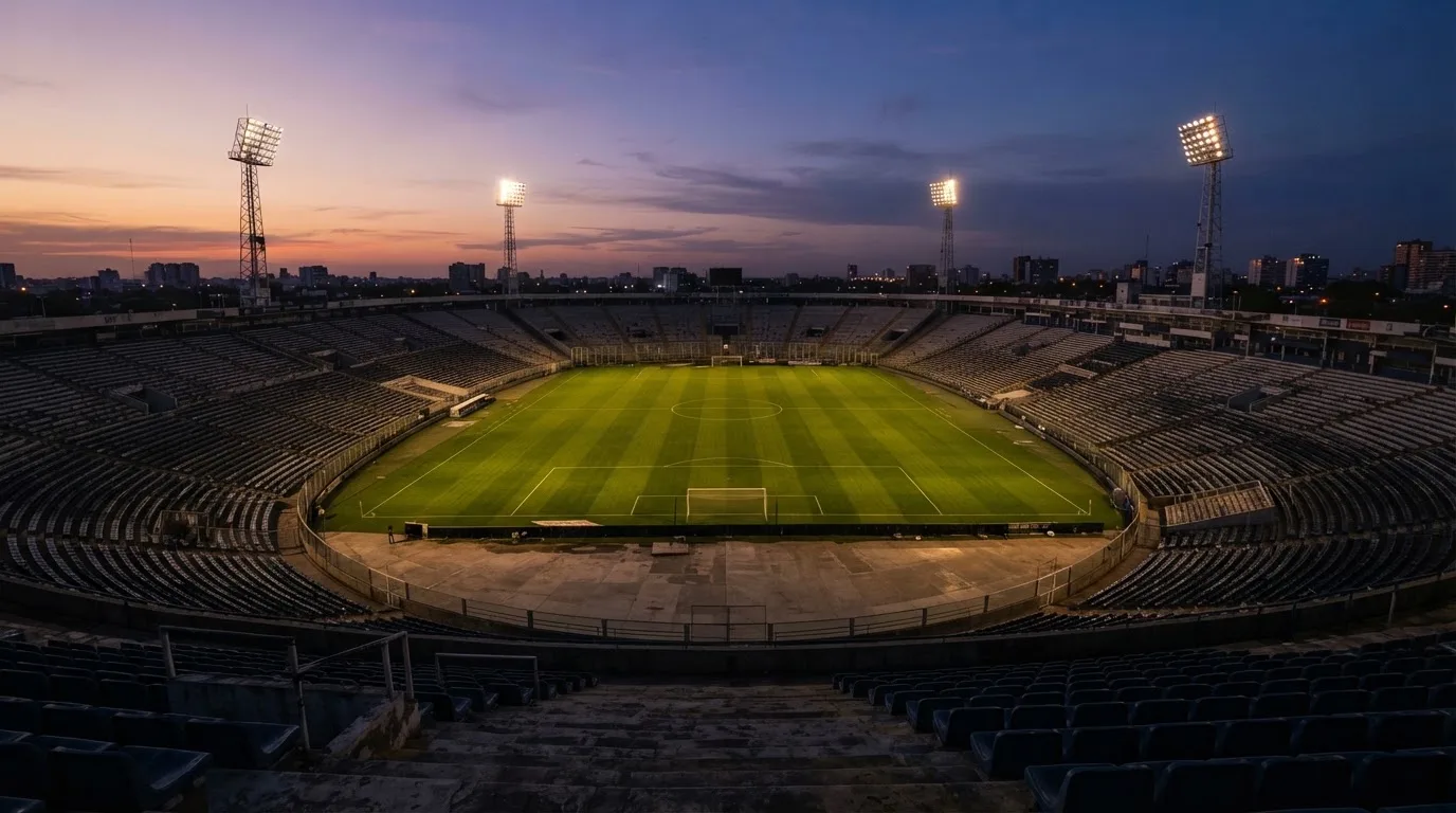 An empty football stadium with floodlight masts at dusk
