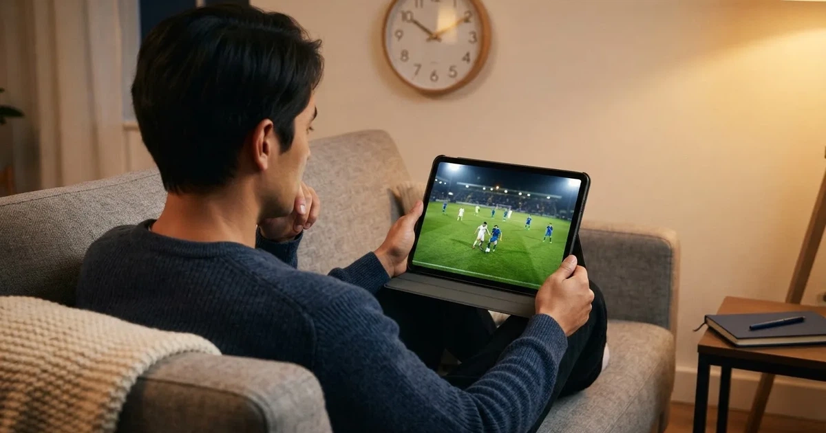 A person on a sofa looking thoughtfully at a tablet, a wall clock in the background