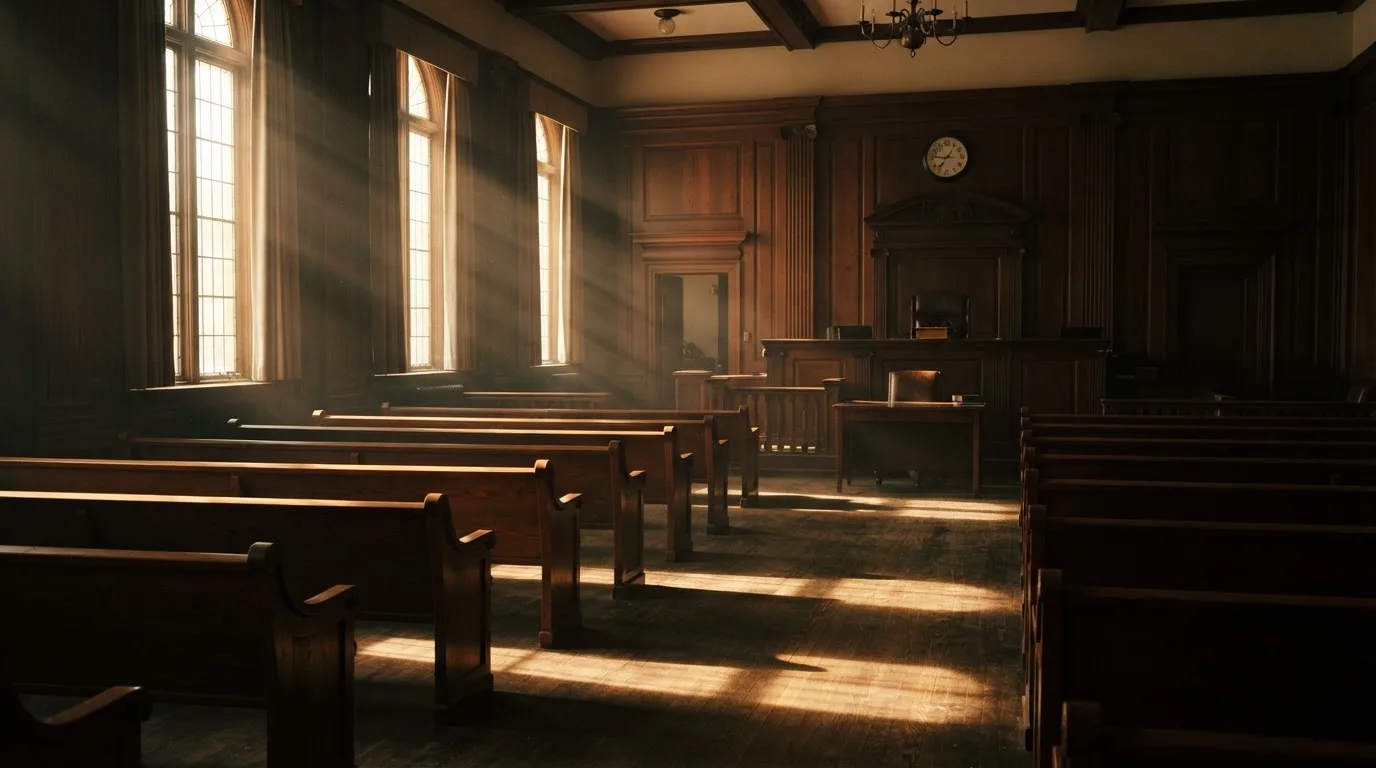 An empty courtroom with wooden benches in morning light