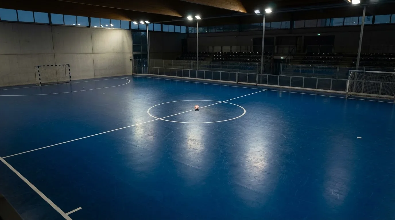 An empty football stadium with floodlight masts at dusk