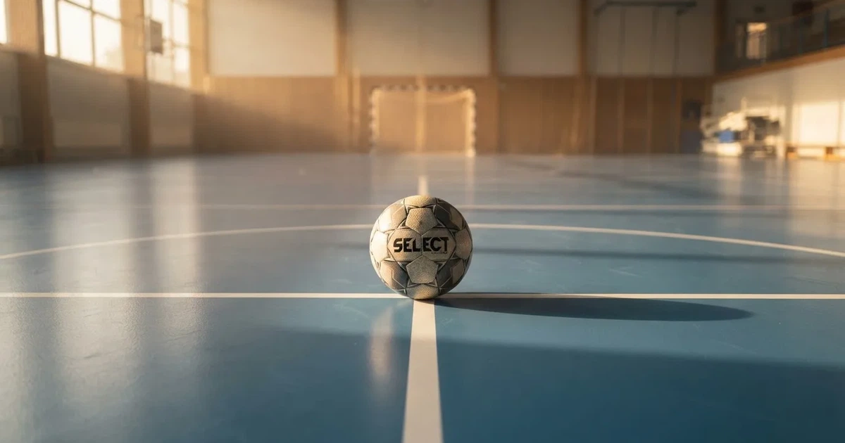 A ball on the centre spot of a grass pitch in morning light