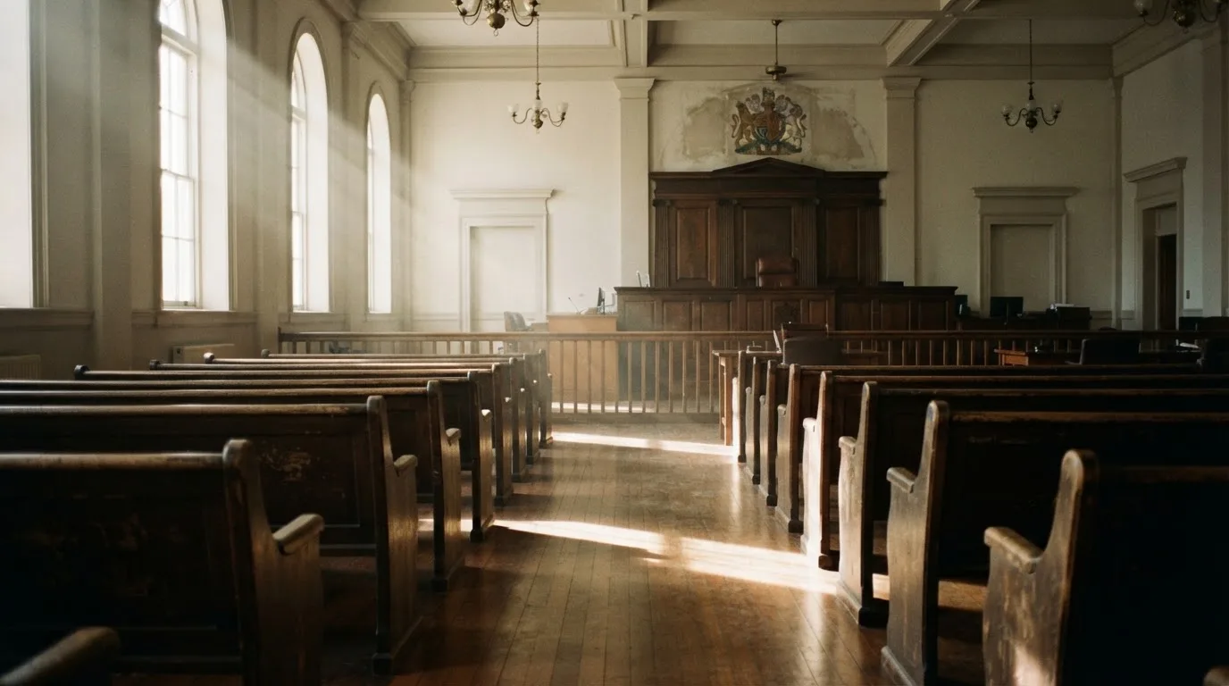 An empty courtroom with wooden benches in morning light