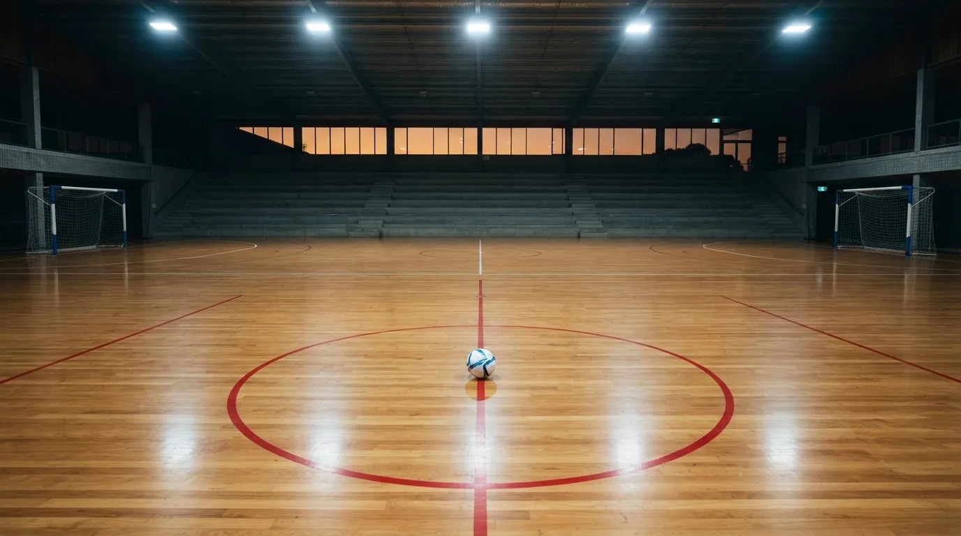 An empty football stadium with floodlight masts at dusk