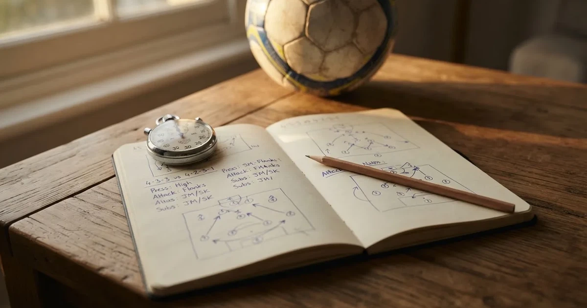 An open notebook with a pencil and a stopwatch on a wooden table