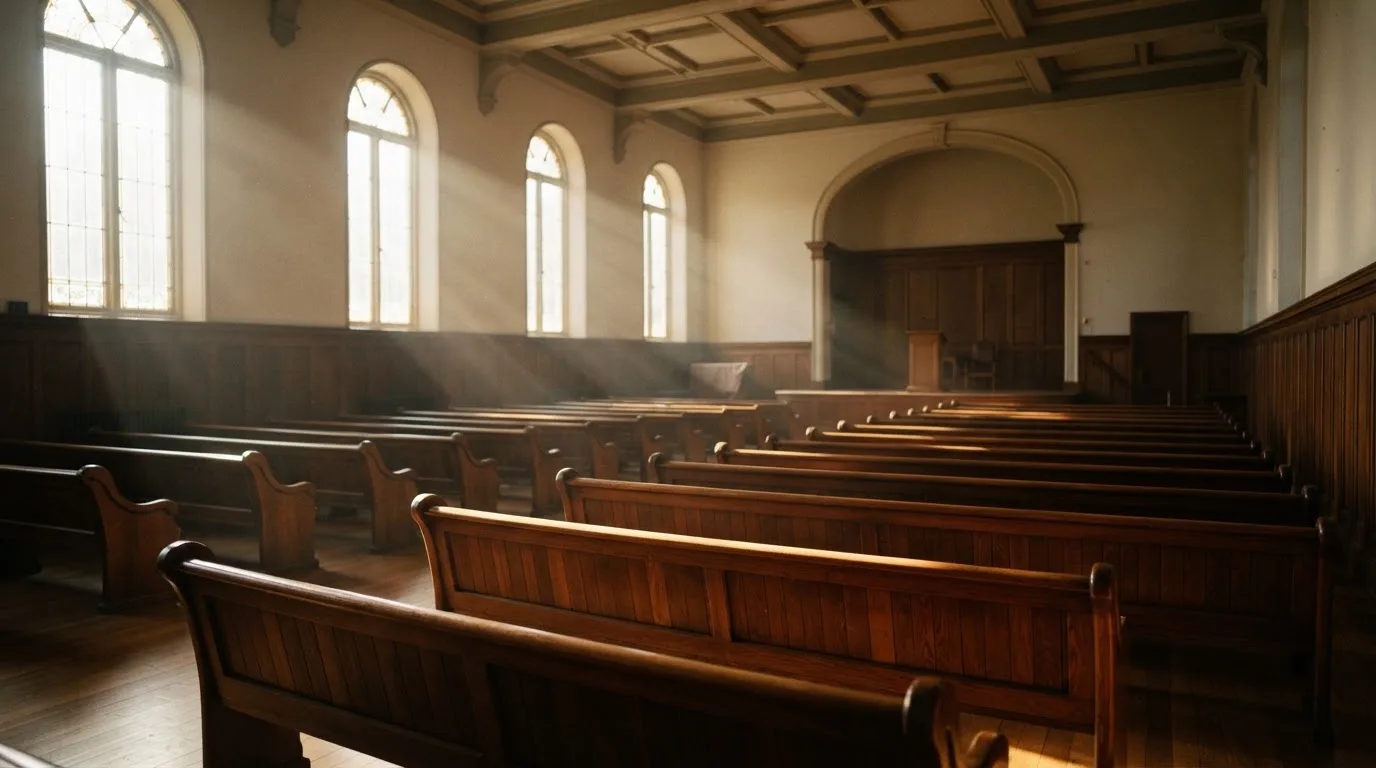 An empty courtroom with wooden benches in morning light