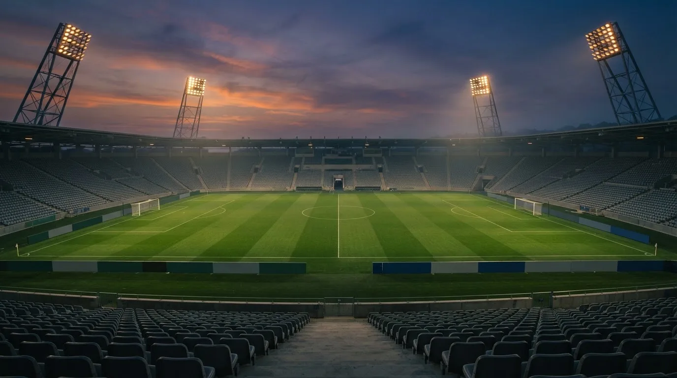 An empty football stadium with floodlight masts at dusk