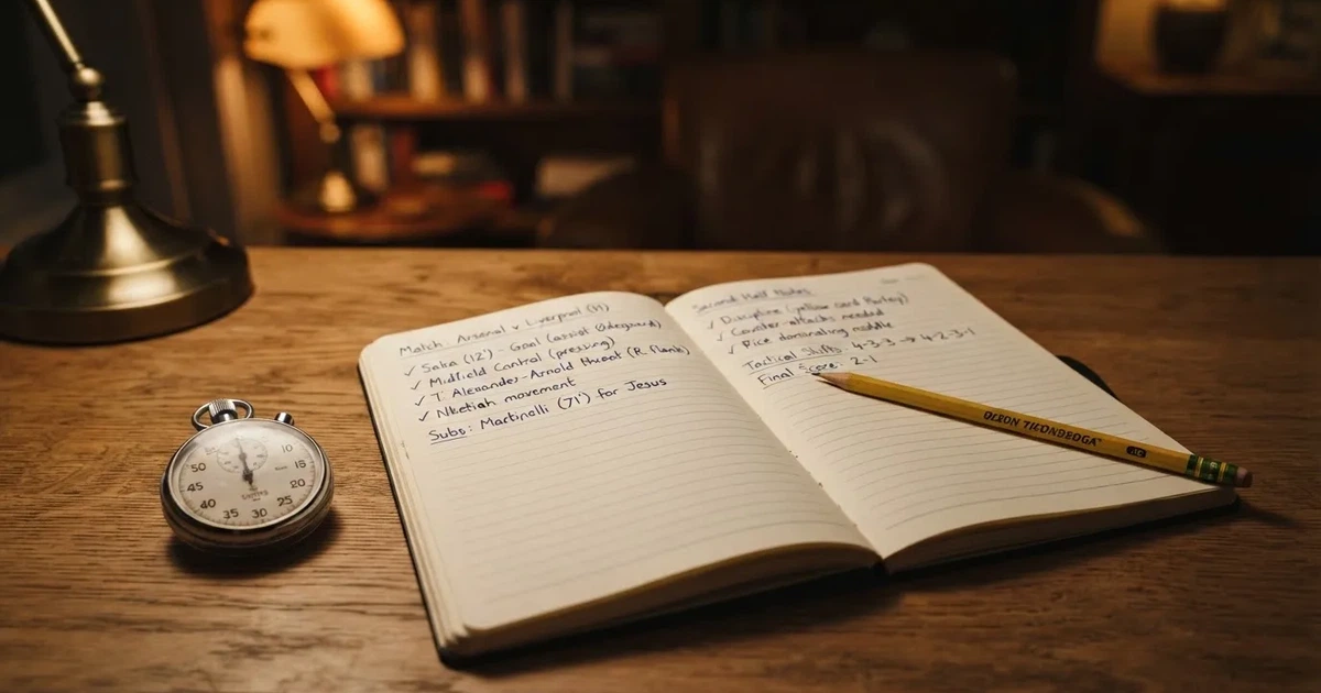 An open notebook with a pencil and a stopwatch on a wooden table