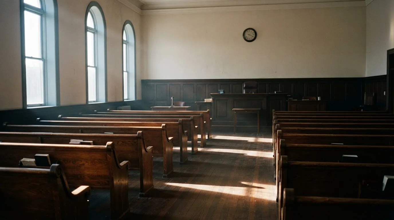 An empty courtroom with wooden benches in morning light