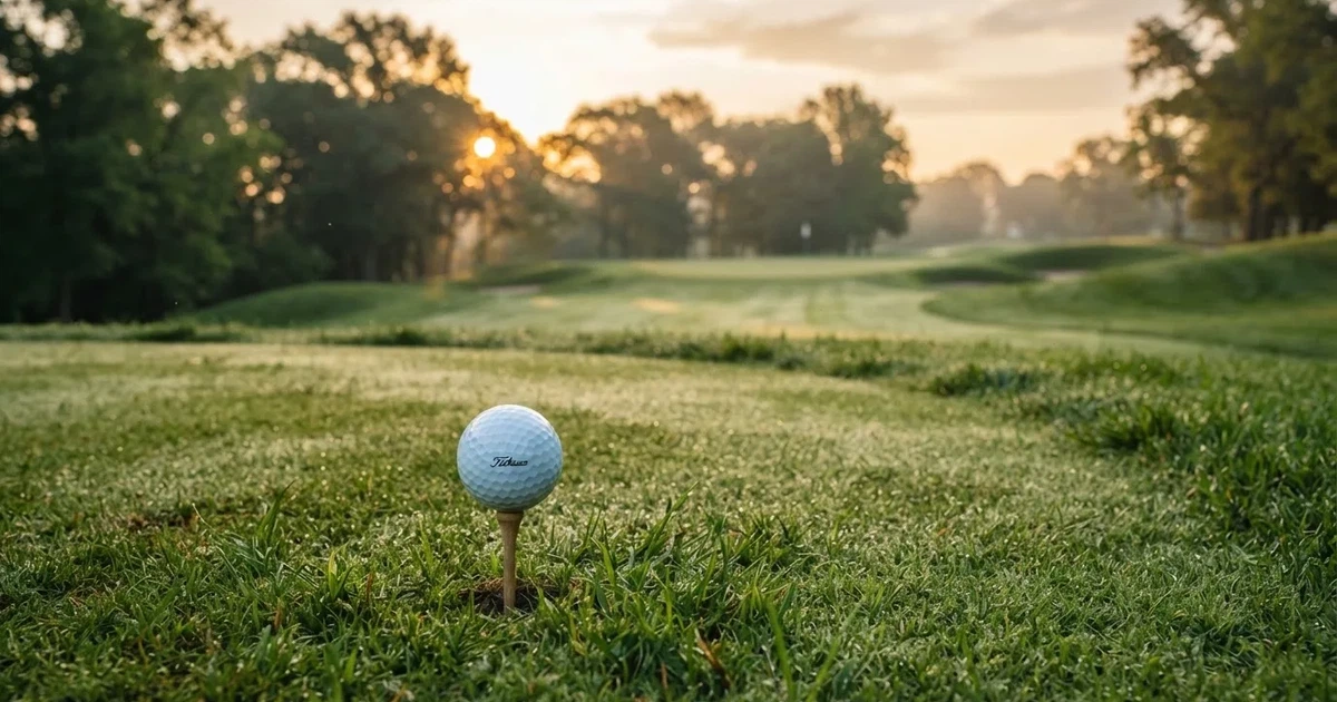 A ball on the centre spot of a grass pitch in morning light