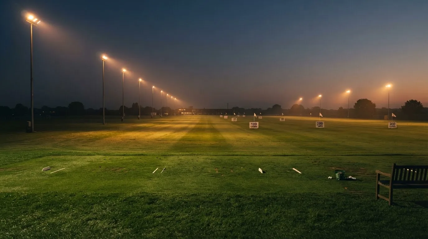 An empty football stadium with floodlight masts at dusk