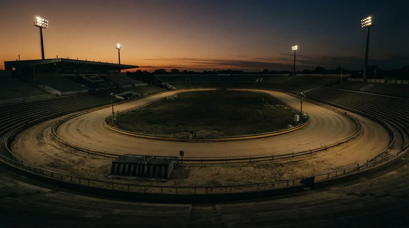 An empty football stadium with floodlight masts at dusk