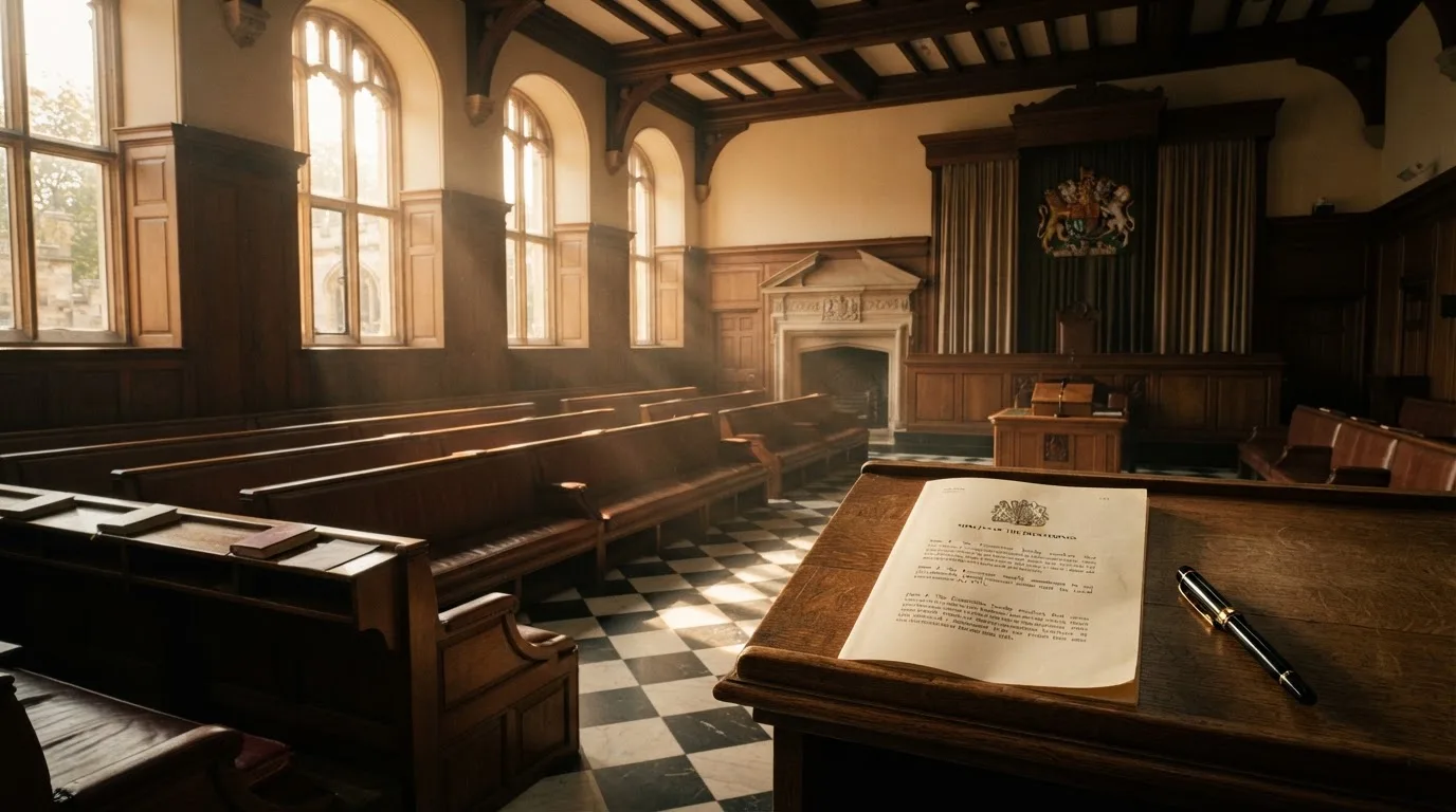 An empty courtroom with wooden benches in morning light