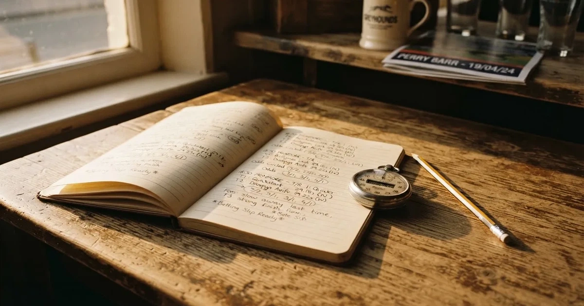 An open notebook with a pencil and a stopwatch on a wooden table