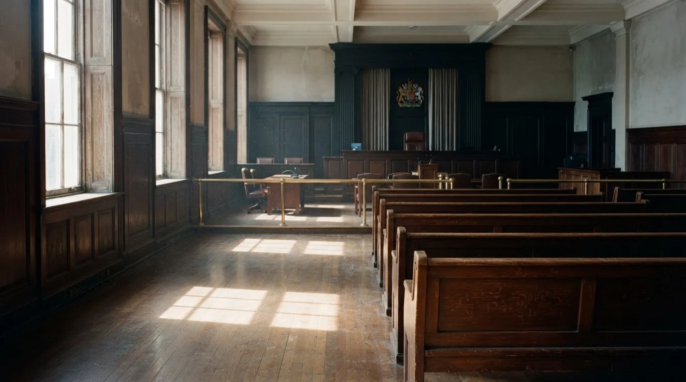An empty courtroom with wooden benches in morning light