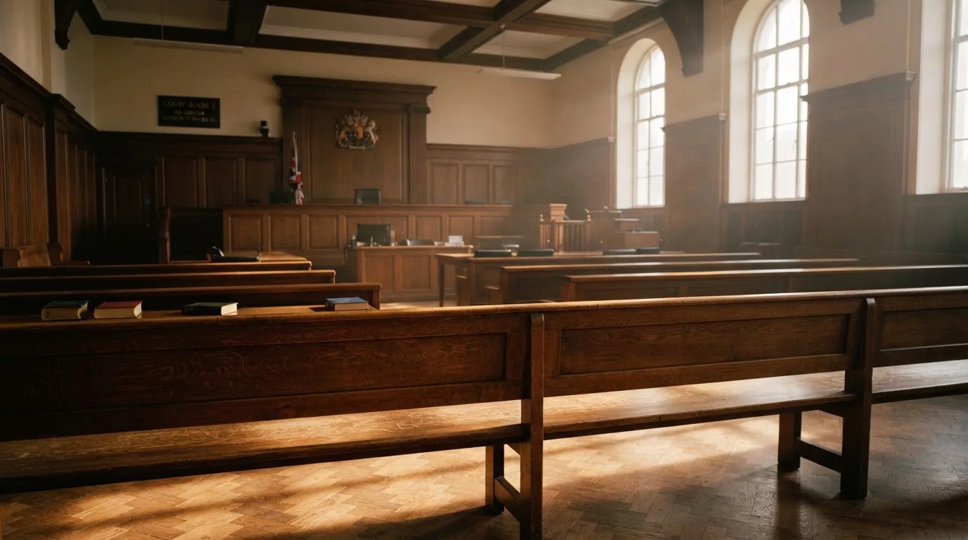 An empty courtroom with wooden benches in morning light