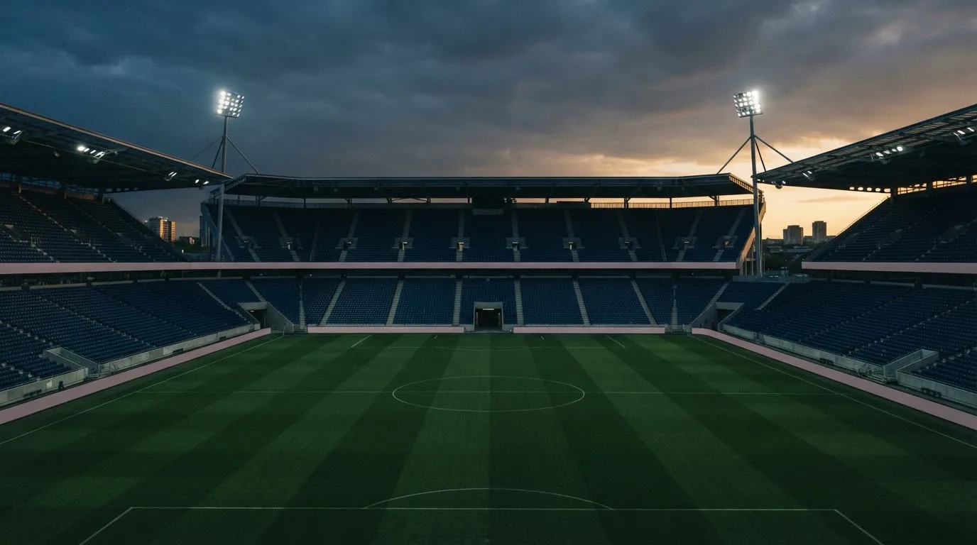 An empty football stadium with floodlight masts at dusk
