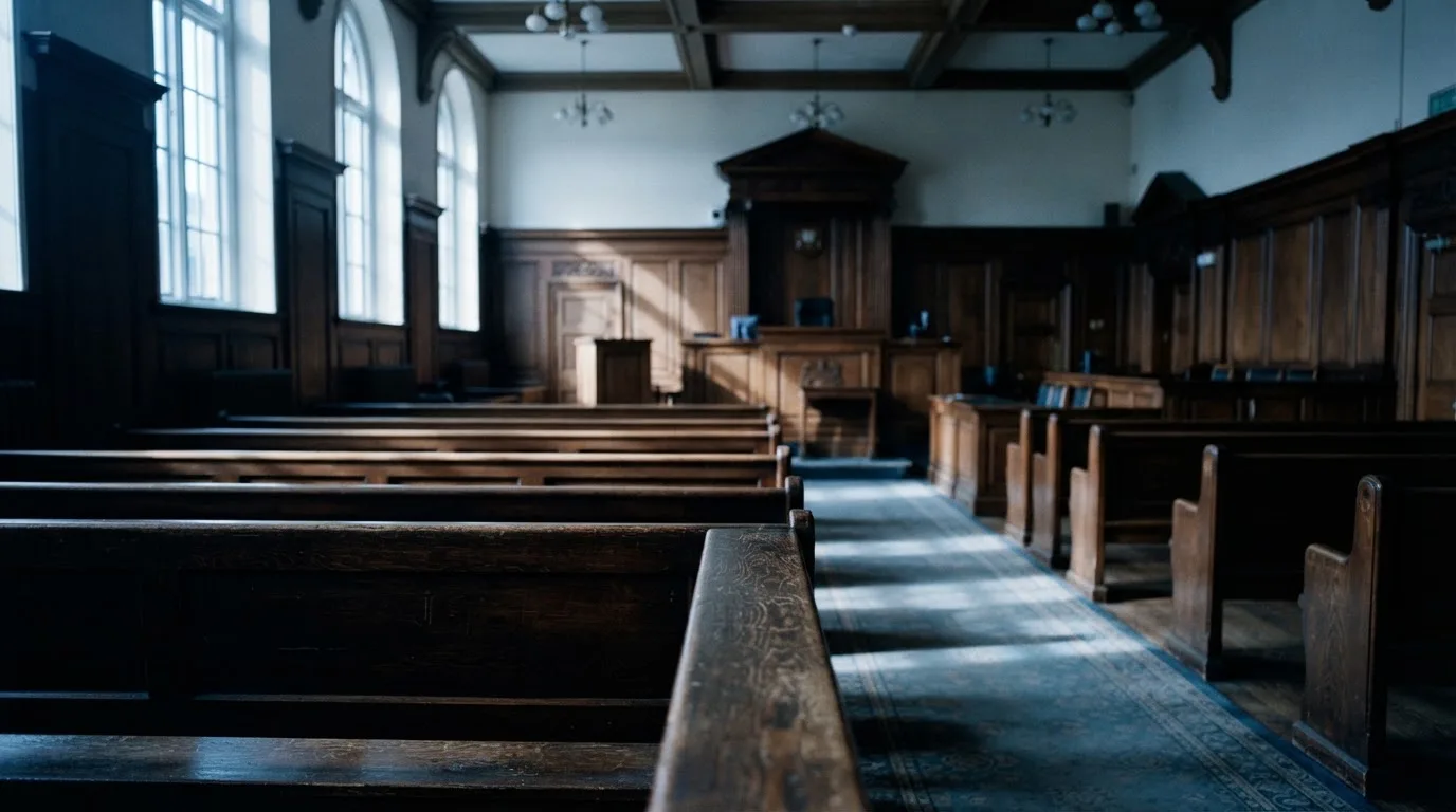 An empty courtroom with wooden benches in morning light