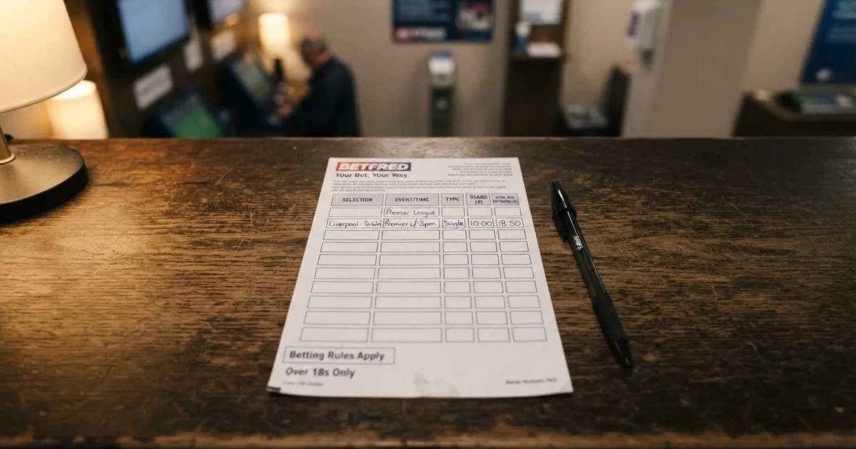 A blank paper betting slip beside a pen on a wooden counter