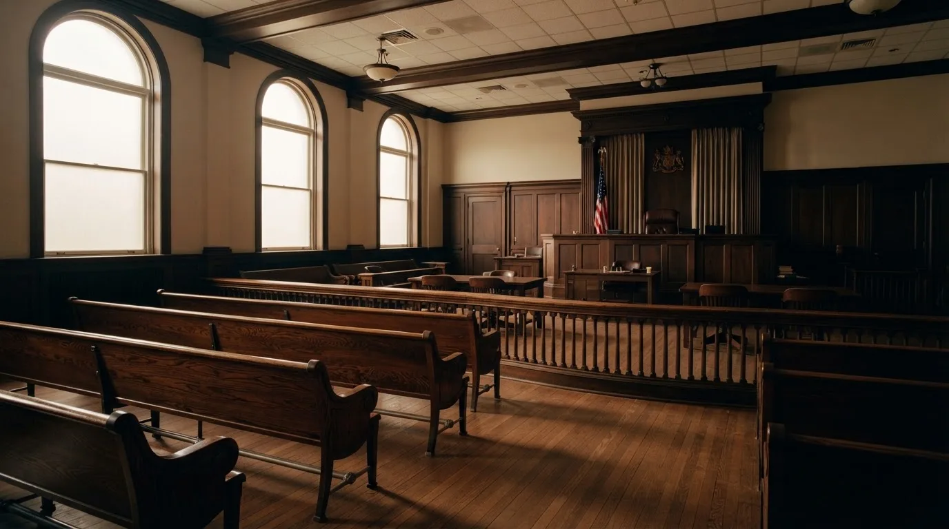 An empty courtroom with wooden benches in morning light