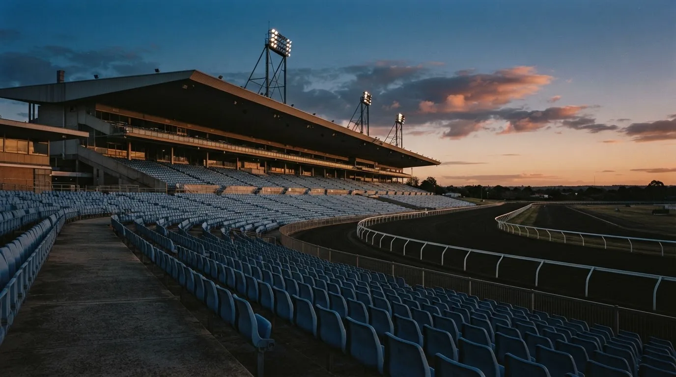 An empty football stadium with floodlight masts at dusk