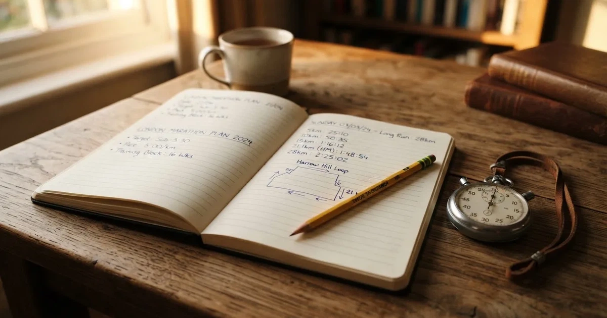 An open notebook with a pencil and a stopwatch on a wooden table