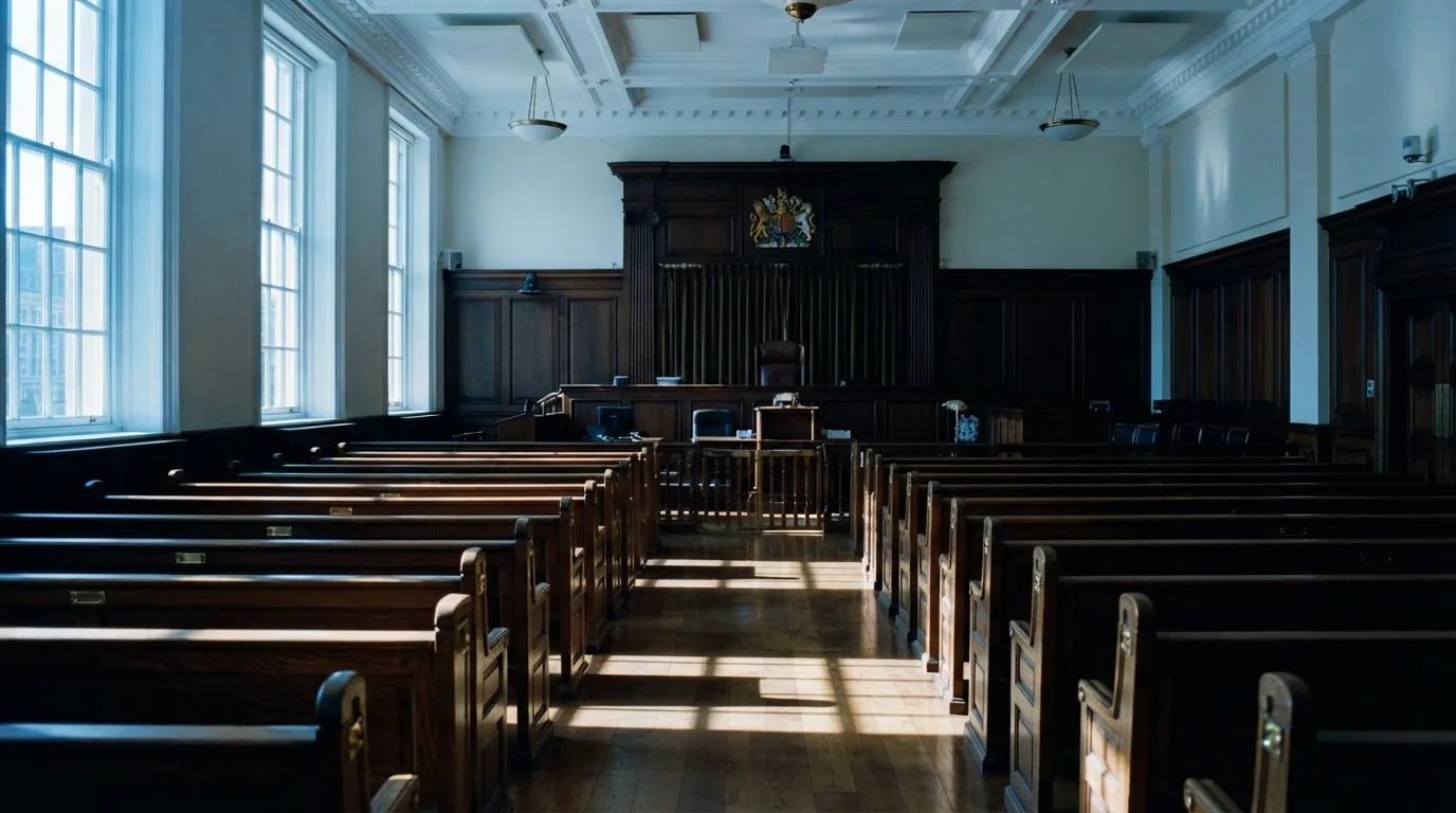 An empty courtroom with wooden benches in morning light