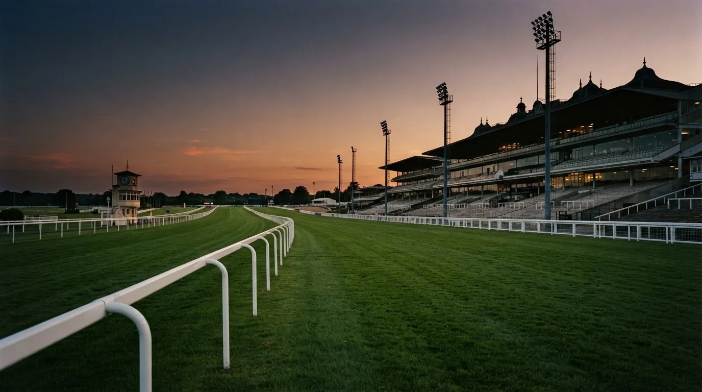 An empty football stadium with floodlight masts at dusk