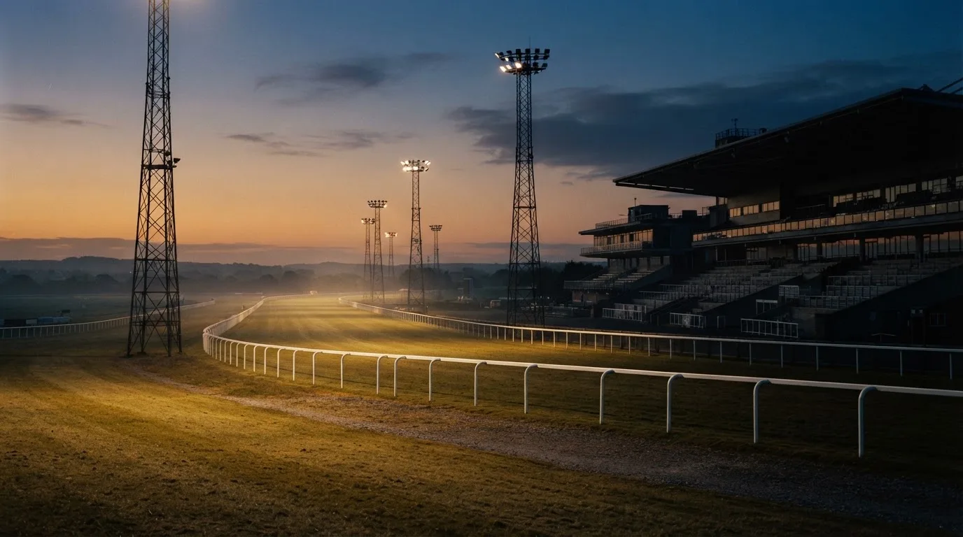An empty football stadium with floodlight masts at dusk
