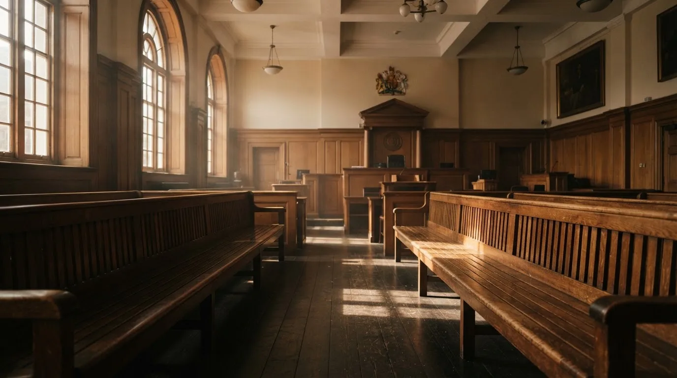 An empty courtroom with wooden benches in morning light