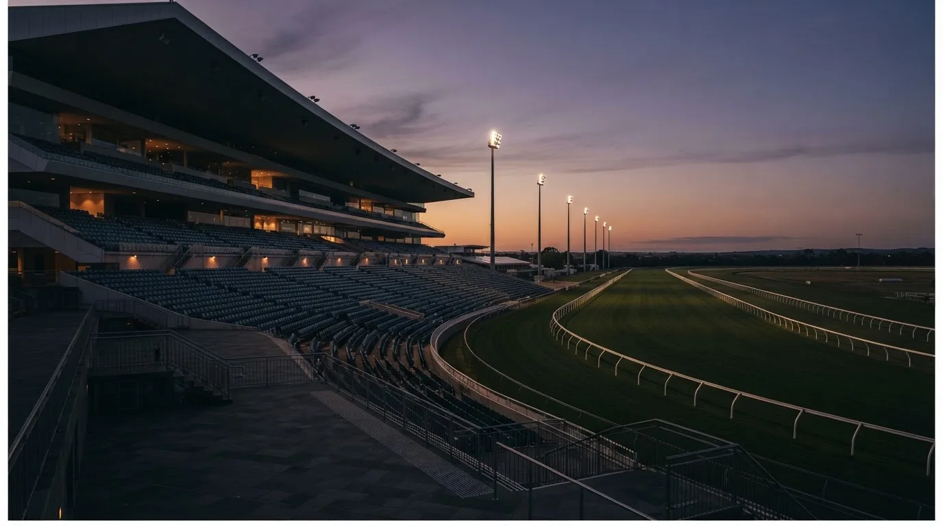An empty football stadium with floodlight masts at dusk