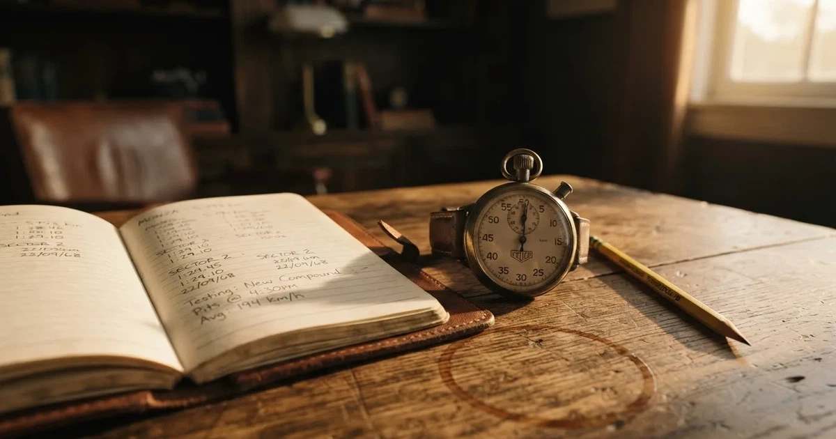 An open notebook with a pencil and a stopwatch on a wooden table