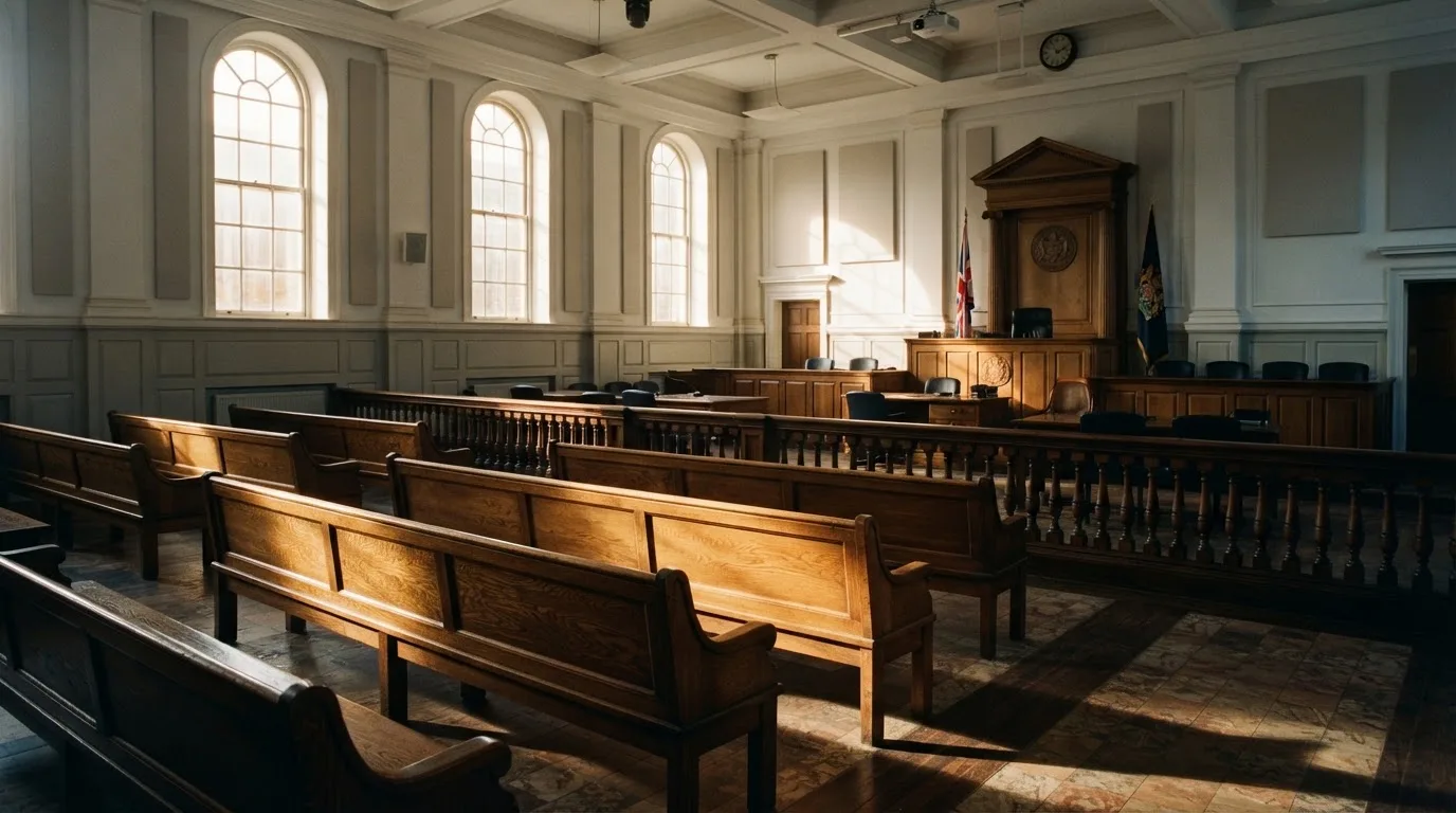 An empty courtroom with wooden benches in morning light