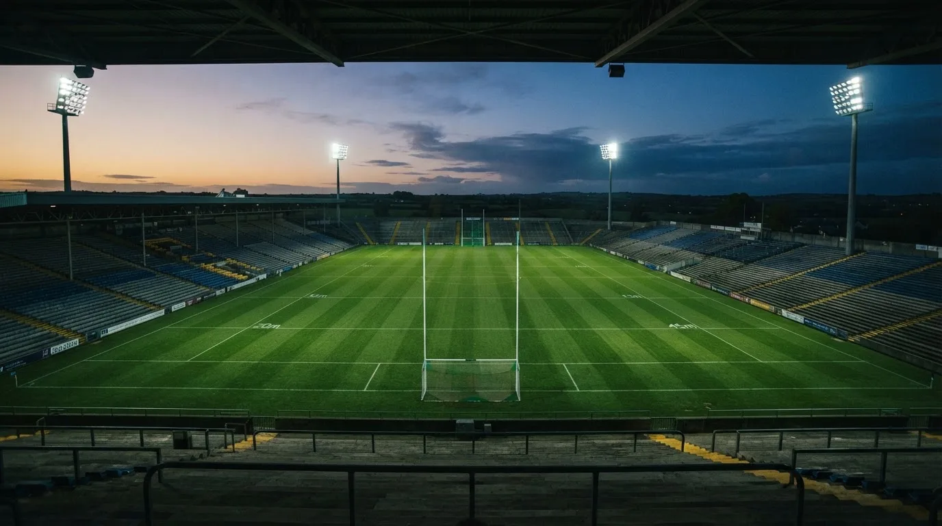 An empty football stadium with floodlight masts at dusk