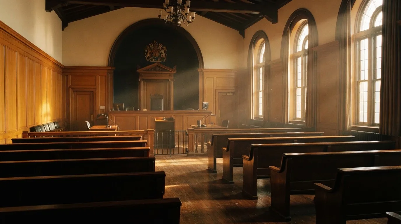 An empty courtroom with wooden benches in morning light