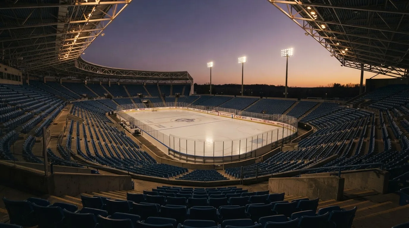 An empty football stadium with floodlight masts at dusk