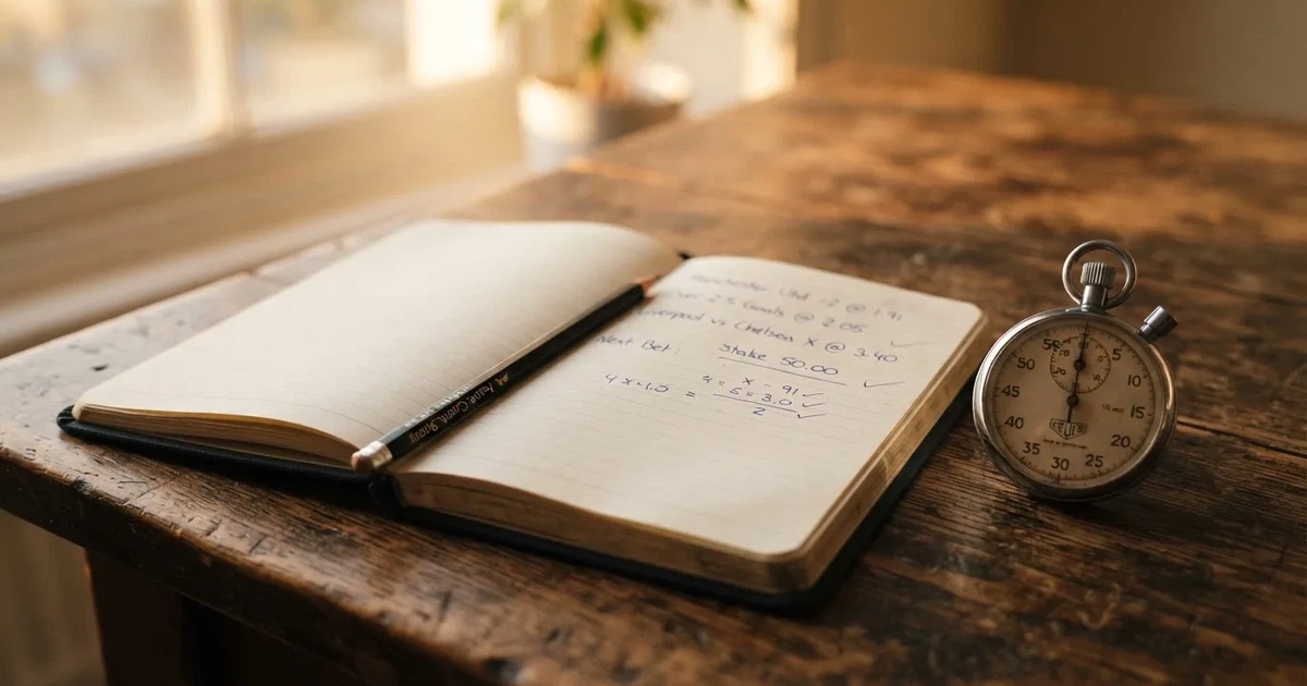 An open notebook with a pencil and a stopwatch on a wooden table