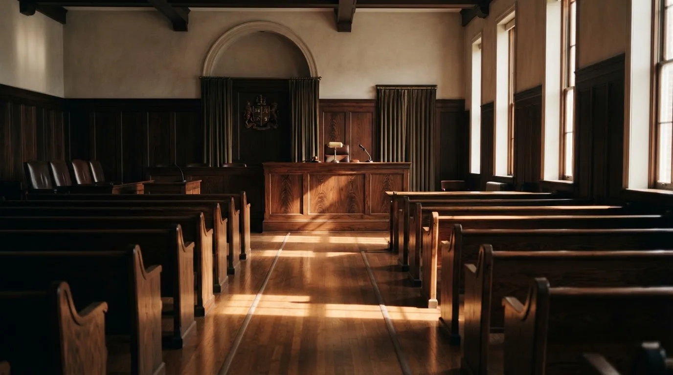 An empty courtroom with wooden benches in morning light