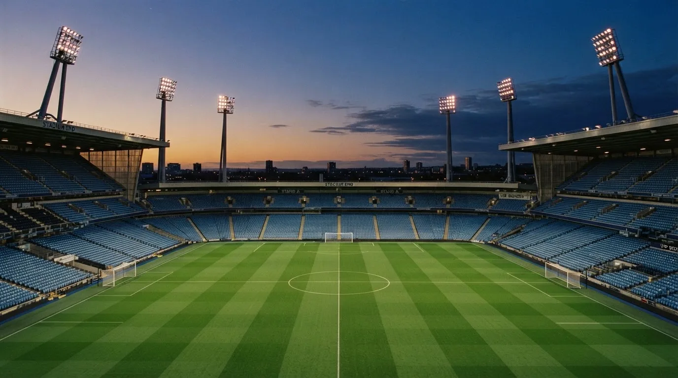 An empty football stadium with floodlight masts at dusk