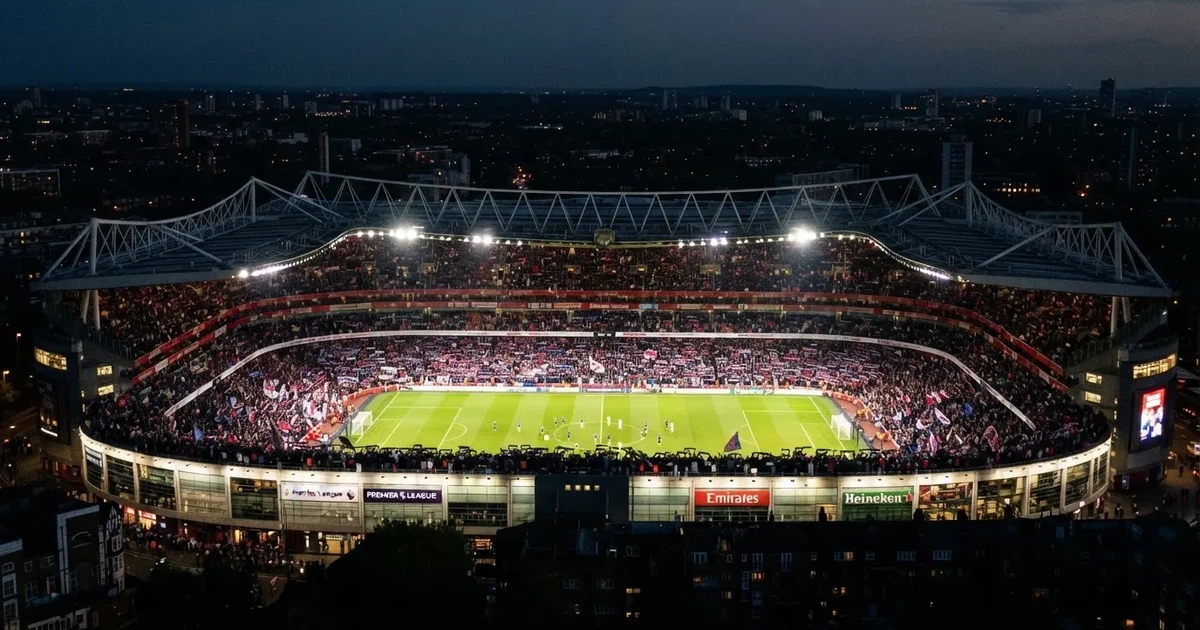 A packed sports hall under floodlights photographed from a long way off