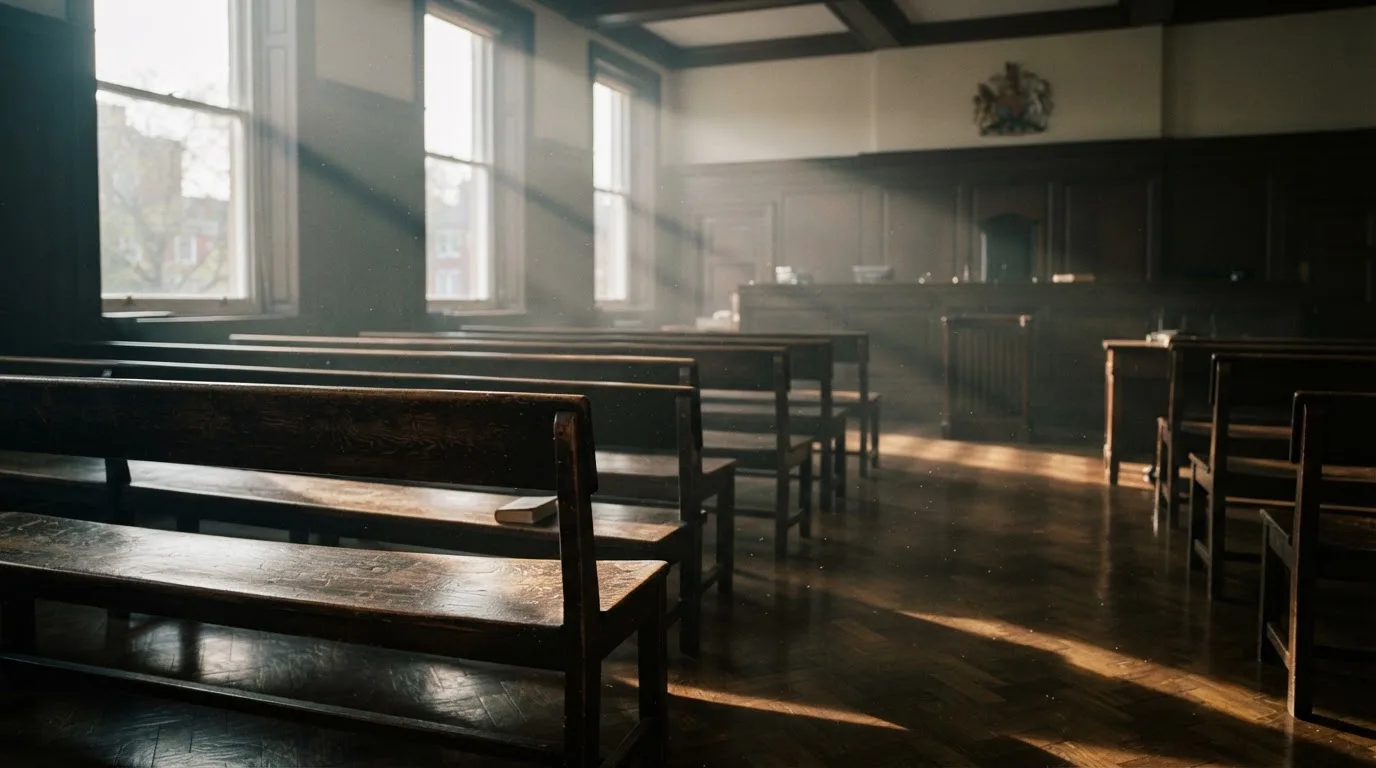 An empty courtroom with wooden benches in morning light