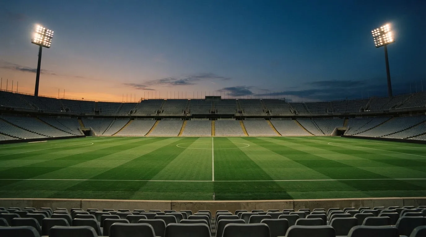 An empty football stadium with floodlight masts at dusk