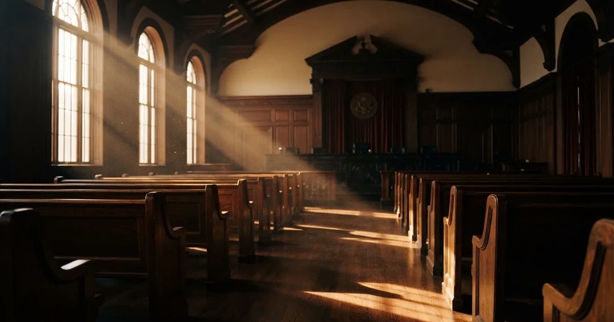 An empty courtroom with wooden benches in morning light